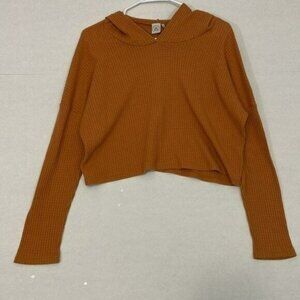 Paper Crane Hoodie Crop Top, Long Sleeves, Waffle Knit, Orange, Large